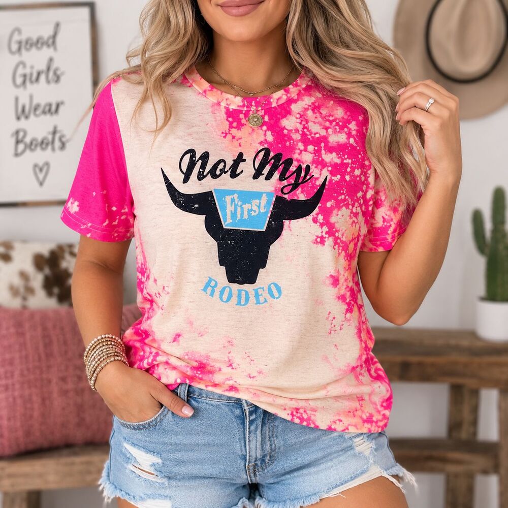 SHEIN Women’s Large Pink Bleach Splatter “Not My First Rodeo” Western Graphic T-